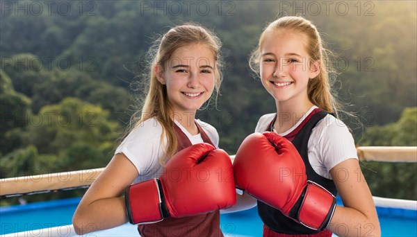 AI generated, girl, 15, years, Thai, Thai, sport, boxing, gloves, Thai boxing, Muay Thai, two people, portrait, athletic, fight, fighting, popular sport, Thai boxer, boxing, boxing ring, blond, blonde, blonde, European