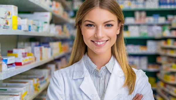 AI generated, A young pharmacist in her pharmacy, portrait, 30, 35, years, female, blonde, blond, blonde, beautiful teeth, smiles, long hair, profession, professions, medicines in the background