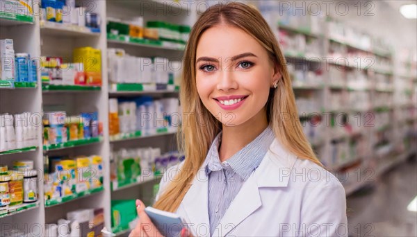 AI generated, A young pharmacist in her pharmacy, portrait, 30, 35, years, female, blonde, blond, blonde, beautiful teeth, smiles, long hair, profession, professions, medicines in the background