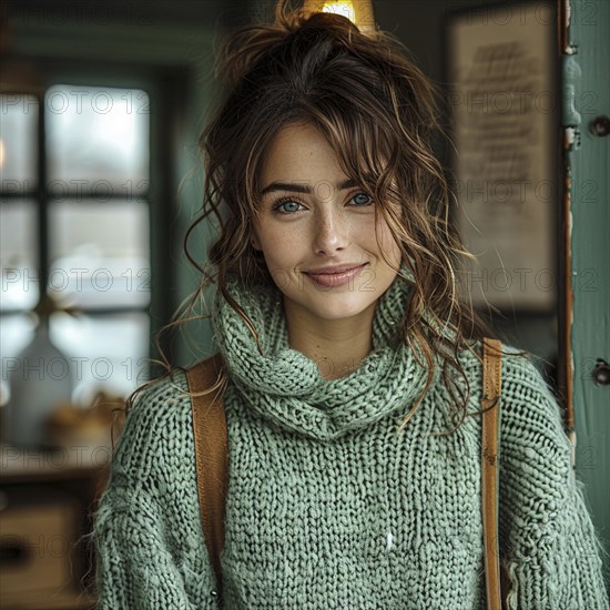 Portrait of a happy woman standing in front of a colored background with a trendy sweater smiling, AI generated