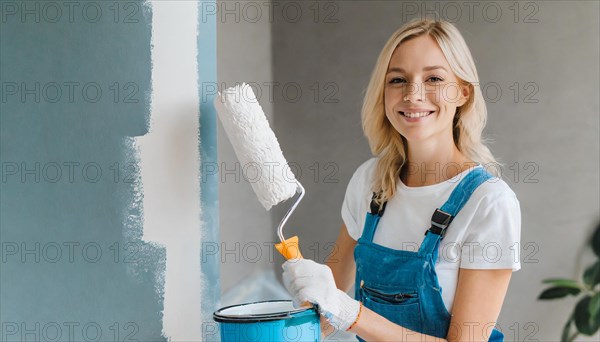 AI generated, woman, woman, a young girl paints a wall with new paint, white, whiter, white, renovation of old flat, paint roller, ladder, paint, 20, 25, years, a, a person, daughter, student, pastime, family, girl, smiling, smiling, fun at work, laughing, laughing, laughing, dungarees, jeans