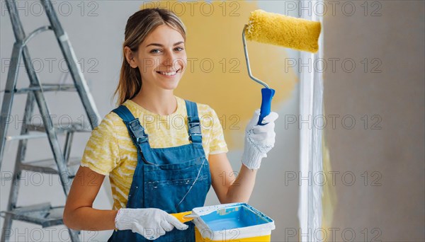 AI generated, woman, woman, a young woman paints a wall with new paint, yellow, yellow, yellowing, renovation of old flat, paint roller, ladder, paint, 20, 25, years, a, a person, daughter, student, pastime, family, girl, smiling, smiling, fun at work, laughing, laughing, laughing, dungarees, jeans