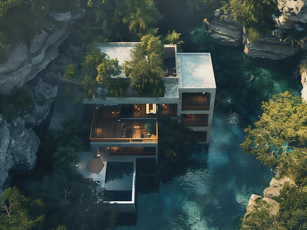 Aerial view of a luxury villa perched on a tropical cliffside with a pool overlooking the ocean, Playa del Carmen beach in Mexico, AI generated