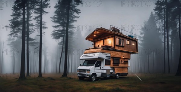 Camper van wooden motorhome, creative high-tech motorhome two-level in nature. Outdoor recreation, isolation, AI generated