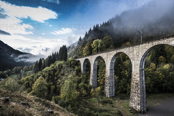 Railway bridge in the Ravenna Gorge, Hoellental in autumn, near Freiburg im Breisgau, Black Forest, Baden-Wuerttemberg, Germany, Europe