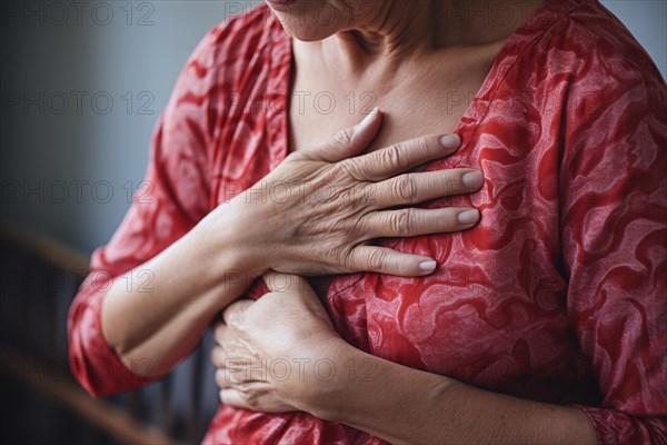 Middle aged woman clutching chest with hands. Heartache or heart attack concept. KI generiert, generiert AI generated
