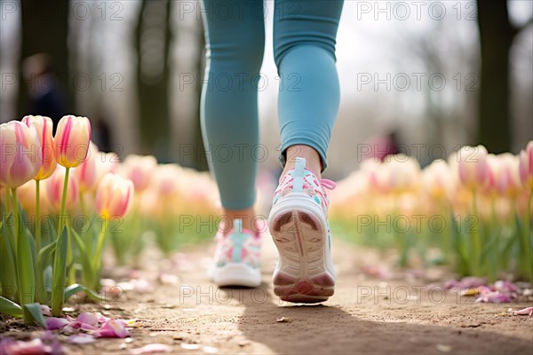 Back view of woman jogging through park with beautiful spring tulip flowers. KI generiert, generiert AI generated