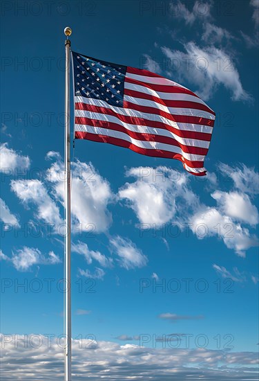 The flag of the USA flies in the wind, illuminated by the sun, on a flagpole, in the background a blue sky with small clouds, AI generated, AI generated
