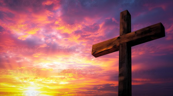 Easter concept cross on Golgotha Calvary hill in sky against a dramatic sunset, AI generated