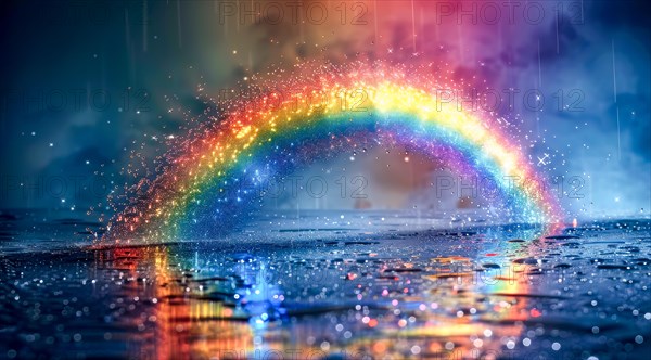 A dazzling rainbow reflected on a wet surface with rain droplets amidst vibrant colors, ai generated, AI generated
