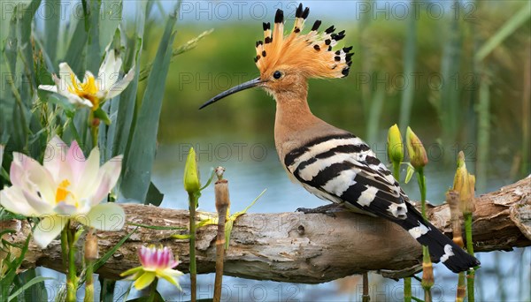 KI generated, animal, animals, bird, birds, biotope, habitat, a, individual, water, reeds, water lilies, blue sky, foraging, wildlife, hoopoe (Upupa epops), treehoppers, summer, flowers