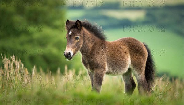 KI generated, animal, animals, mammal, mammals, biotope, habitat, one, individual animal, foraging, wildlife, meadow, pasture, Exmoor pony, horse, horses, ungulates, English pony breed, South West England, Exmoor, (Equus ferus caballus), foal, flower meadow