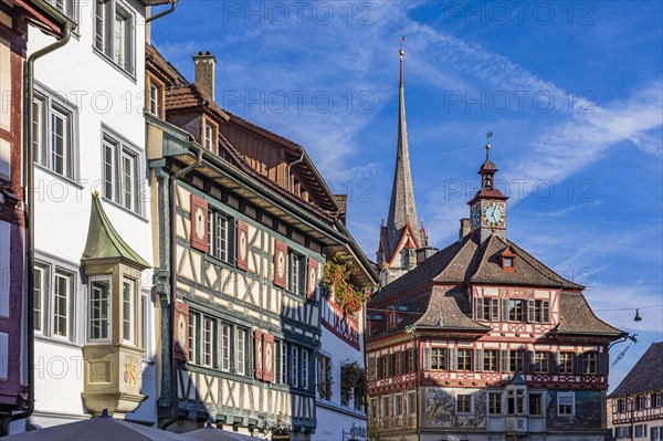 Half-timbered houses and the town hall on Rathausplatz in the old town centre, Stein am Rhein, Lake Constance, Canton Schaffhausen, Switzerland, Europe