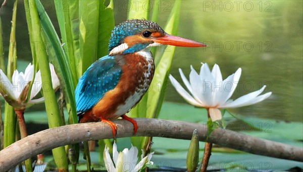 KI generated, animal, animals, bird, birds, biotope, habitat, a, individual, water, perch, reeds, water lilies, blue sky, foraging, wildlife, summer, seasons, white-throated kingfisher (Halcyon smyrnensis)