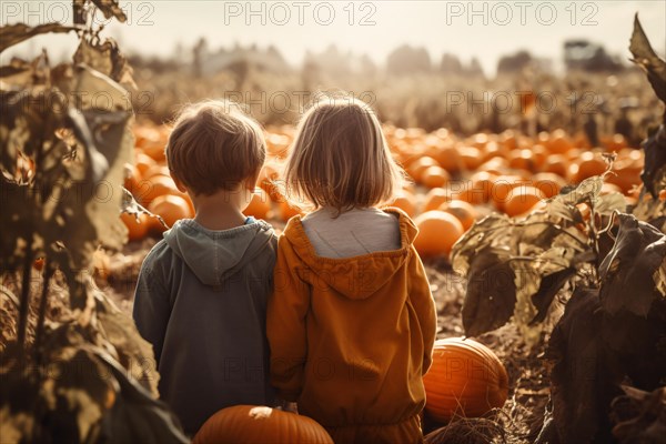 Back view of two young children in pumpkin patch. KI generiert, generiert AI generated