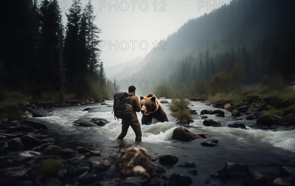 Male photographer traveler photographs an angry bear on the river, AI generated