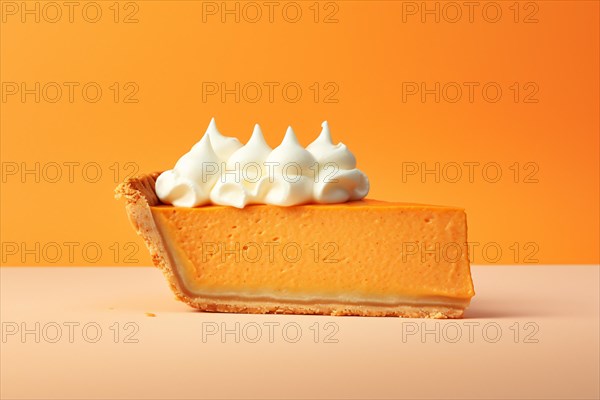 Slice of pumpkin pie with whipped cream on orange background. KI generiert, generiert AI generated