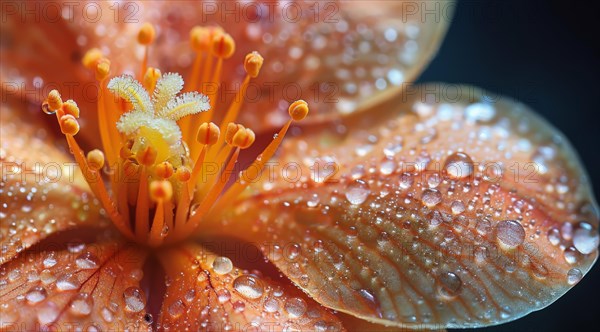 Macro shot of an orange flower with bright yellow pistils and water droplets, ai generated, AI generated