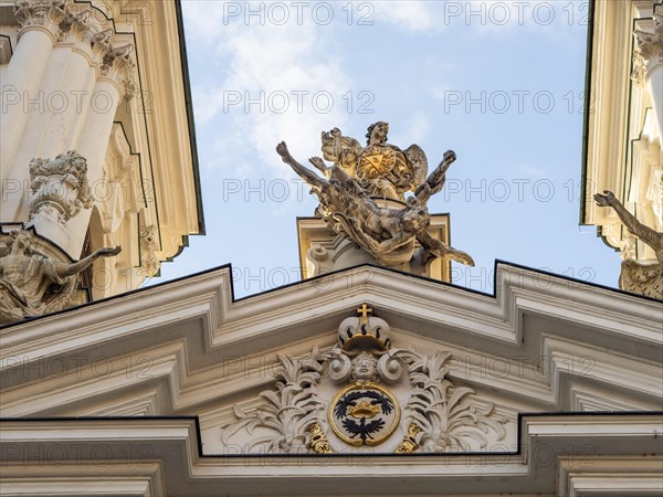 Sculpture, depiction of a saint on the gable of the church, Archangel Michael pushing Lucifer into the depths, Mariahilf Church, Graz, Styria, Austria, Europe