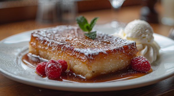 Slice of bread pudding with raspberry, vanilla ice cream, and mint, drizzled with syrup, ai generated, AI generated