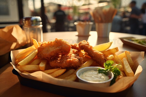 Traditional fish and chips on table of restaurant. KI generiert, generiert AI generated