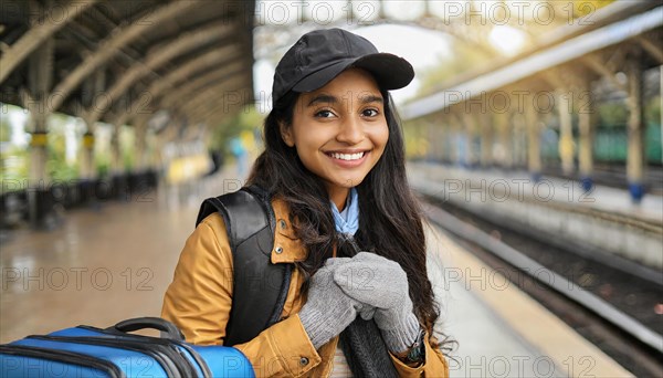 AI generated, A young blonde woman wants to travel and waits for the train at the station, 20, 25, blonde, blond, blonde, modern, modern, aluminium suitcase, handbag, fur jacket, white, sneakers, shoes, sexy, attractive, attractive, long-haired, transport, traffic