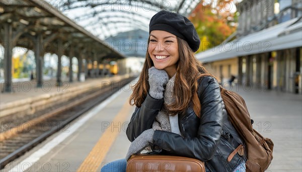 AI generated, A young blonde woman wants to travel and waits for the train at the station, 20, 25, blonde, blond, blonde, modern, modern, aluminium suitcase, handbag, fur jacket, white, sneakers, shoes, sexy, attractive, attractive, long-haired, transport, traffic