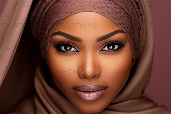 Face of young beautiful afro american muslim woman with hijab headscarf in front of studio background. KI generiert, generiert AI generated