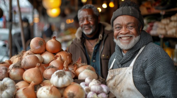 Two friendly men smiling behind a market stall piled with onions, ai generated, AI generated