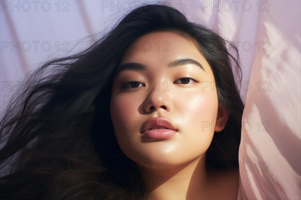 Portrait of beautiful Asian plus size model with round face and long black hair. KI generiert, generiert AI generated