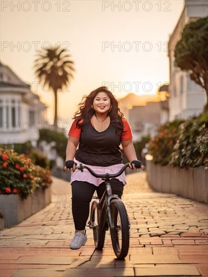 A joyful woman riding a bicycle down a sunlit residential street at sunset, San Francisco, Lombard area, AI Generated, AI generated