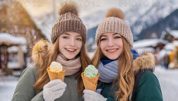 AI generated, human, humans, person, persons, woman, woman, child, 20, 25, years, two persons, outdoor, ice, snow, winter, seasons, eats, eating, waffle ice cream, waffle, Italian ice cream, cap, bobble hat, gloves, winter jacket, cold, coldness