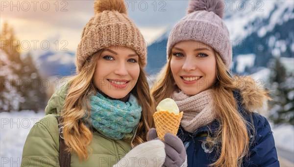 AI generated, human, humans, person, persons, woman, woman, two, 20, 25, years, outdoor, ice, snow, winter, seasons, eats, eating, ice cream, waffle ice cream, waffle, Italian ice cream, cap, bobble hat, gloves, winter jacket, cold, coldness