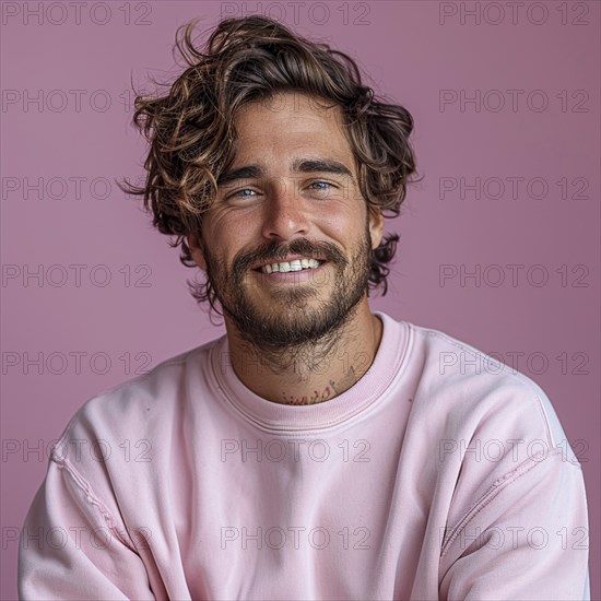 Portrait of a happy student standing in front of a colored background with a trendy sweater smiling, AI generated