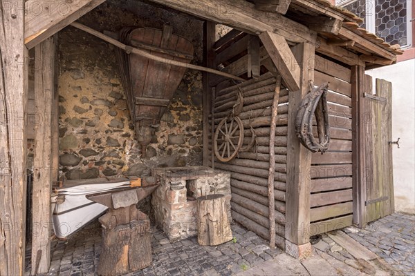 Blacksmith's forge, blacksmith, inner courtyard, Ronneburg Castle, medieval knight's castle, Ronneburg, Ronneburger Huegelland, Main-Kinzig-Kreis, Hesse, Germany, Europe