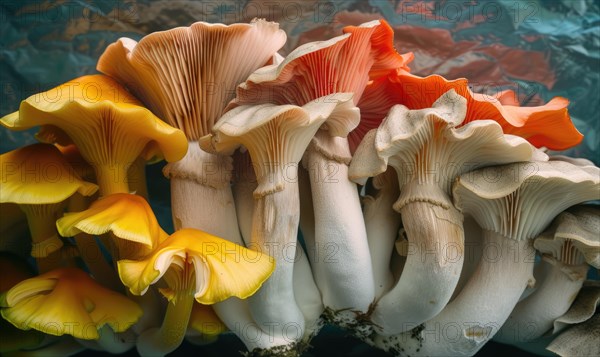 Still life with group of yellow and orange chanterelle mushrooms AI generated