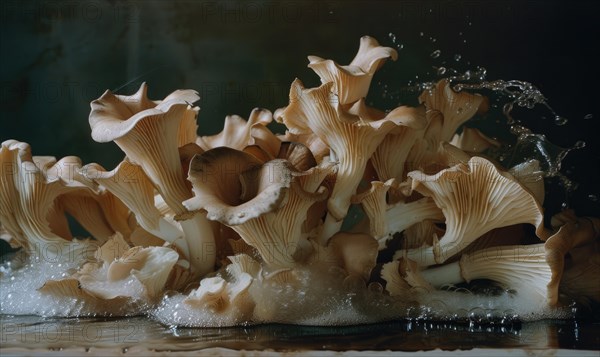 Oyster mushrooms on a dark background. Shallow depth of field. AI generated