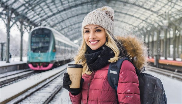 AI generated, A young blonde woman wants to travel and waits for the train at the station, 20, 25, blonde, blond, blonde, modern, noderne, aluminium suitcase, handbag, winter jacket, boots, sexy, attractive, attractive, long-haired, transport, traffic, coffee to go in hand, coffee, coffee cup