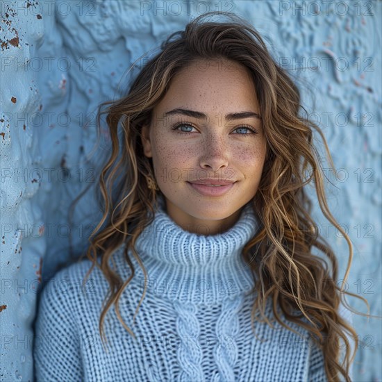 Portrait of a happy woman standing in front of a colored background with a trendy sweater smiling, AI generated