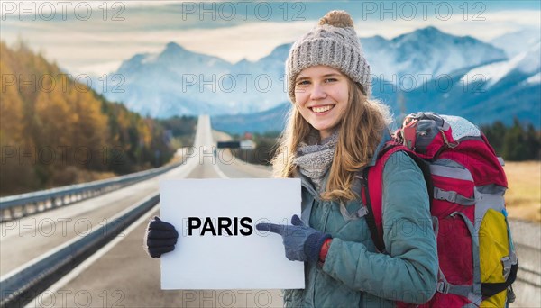 AI generated, human, humans, person, persons, woman, woman, one person, 20, 25, years, outdoor, seasons, cap, bobble hat, gloves, winter jacket, cold, cold, backpack, woman wants to travel, hitchhiking, hitchhiking, hitchhiking, road, motorway, sign saying Paris