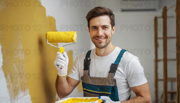 AI generated, man, men, a painter paints a wall with new yellow paint, father, renovation of old flat, paint roller, ladder, yellow, paint, 25, 30, years, a, person, occupation, occupations, leisure activity, family, smiles, smiling, fun at work, laughing, laughing, laughing, friend, partner, man