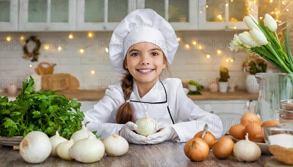 AI generated, human, humans, person, persons, child, children, 8 year old girl cutting onions in a white kitchen, chef hat, smock, cute, cute, beautiful eyes, beautiful teeth, cook, cook, kitchen table, vegetables, onions, garlic