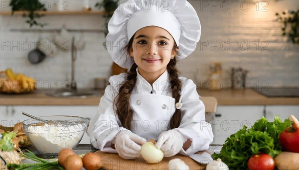 AI generated, human, humans, person, persons, child, children, 8 year old girl cutting onions in a white kitchen, chef hat, smock, cute, cute, beautiful eyes, beautiful teeth, cook, cook, kitchen table, vegetables, onions, garlic