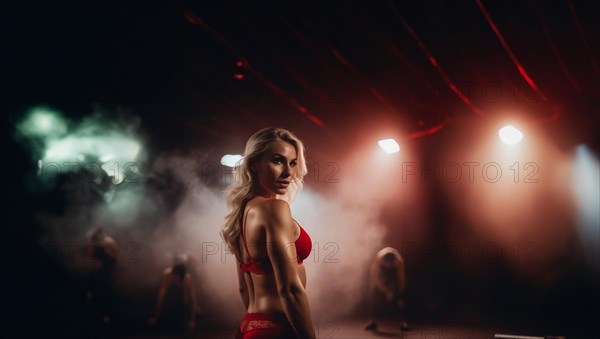 Sexy woman in lingerie in the gym, the concept of sexualization of women and the problem of harassment, AI generated