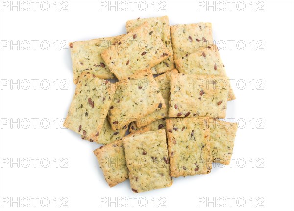 Small bread chips cookies with seeds isolated on white background. top view, close up, flat lay