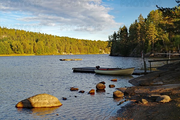 Quiet lakeshore in evening light with a boat and trees, Bullare, bohuslaen, Sweden, Europe