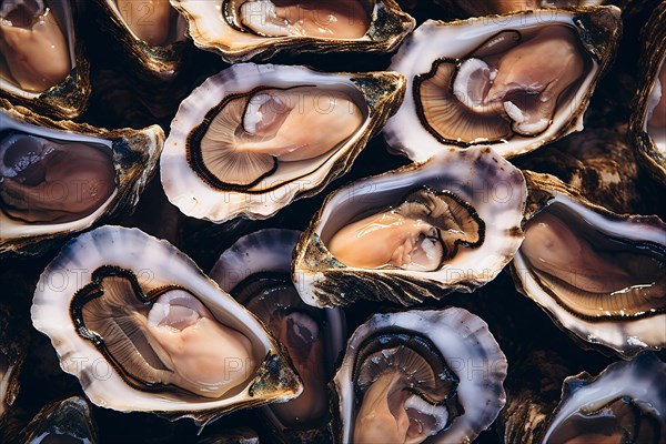 Top view of open oysters. KI generiert, generiert AI generated