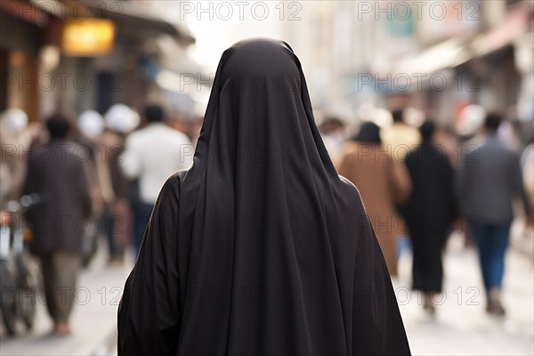 Back view of woman covered with black Muslim Niqab face veil in city street with people. KI generiert, generiert AI generated