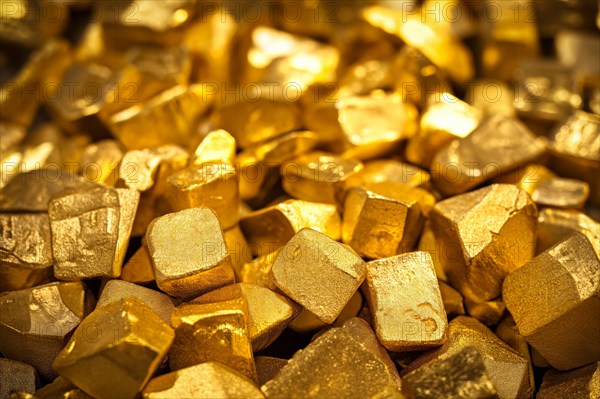 Pile of shiny glittering golden nuggets close up, AI generated