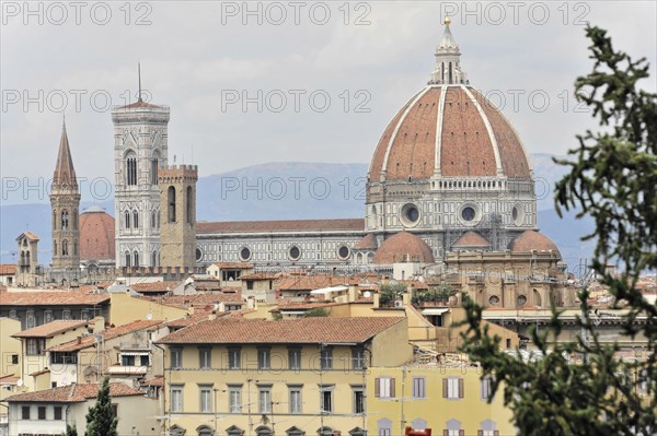 City panorama with Santa Maria del Fiore Cathedral, view from Monte alle Croci, Florence, Tuscany, Italy, Europe